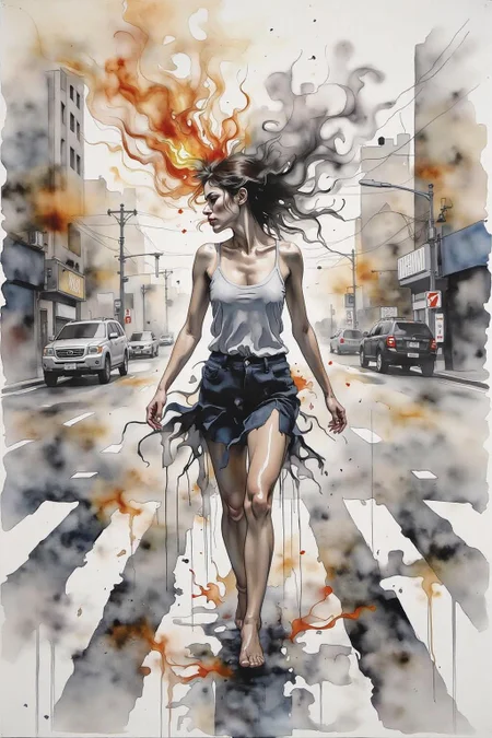yawc1 watercolor. Fantasy artwork. Profile of a woman with long black hair walking across the street at zebra crossing. Her hair is on fire, with black Smoke coming out of her head. <lora:yawcolor_nocap1_d4a2:1.0> <lora:Flux-Sch-SingleBlocks-BF16:1.0><lora:799523899193913610:0>