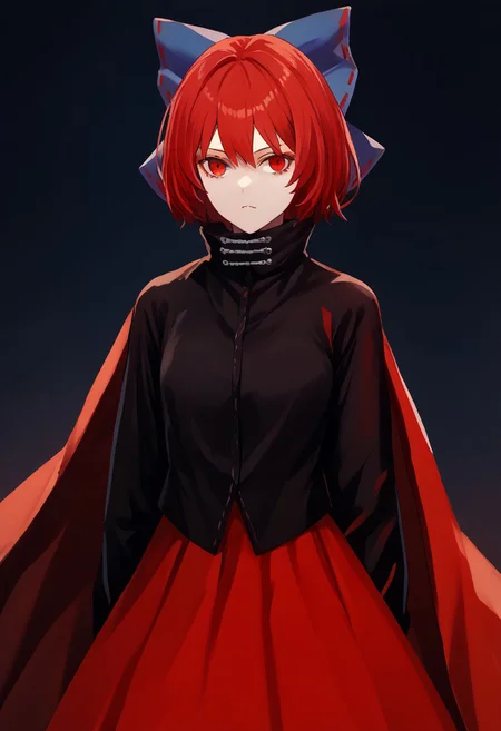score_9, score_8_up, score_7_up, score_6_up, score_5_up, score_4_up, source_anime, solo, 1girl,
sekibanki, red hair, red eyes, blue bow, black shirt, long sleeves, red skirt, two-tone cape,
masterpiece, best quality, very aesthetic, absurdres,