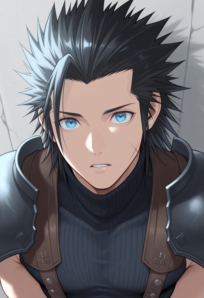 masterpiece,best quality,amazing quality, source_anime,
ZakkusuFea, zack fair, 1boy, male focus, solo, blue eyes, black hair, spiked hair, medium hair, scar on cheek, shoulder armor, sleeveless turtleneck,