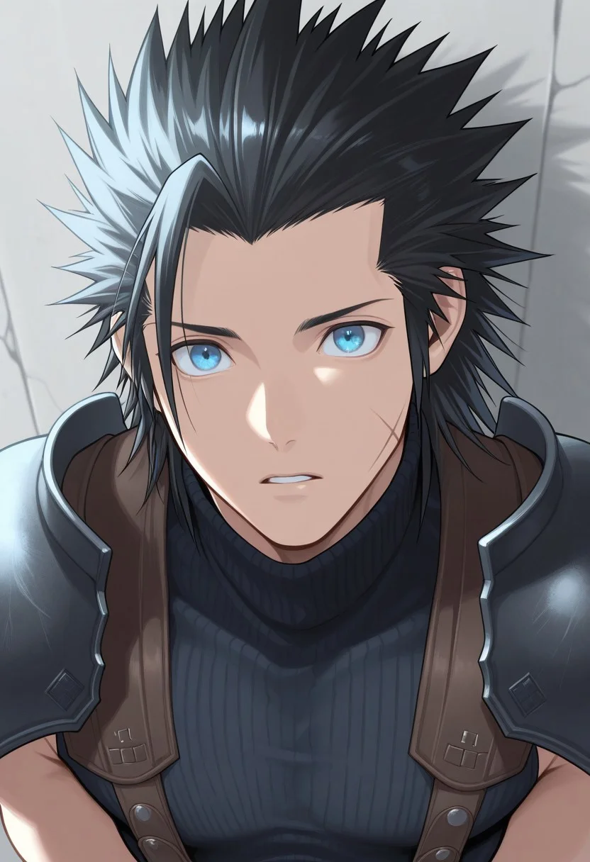 masterpiece,best quality,amazing quality, source_anime,
ZakkusuFea, zack fair, 1boy, male focus, solo, blue eyes, black hair, spiked hair, medium hair, scar on cheek, shoulder armor, sleeveless turtleneck,