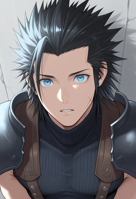 masterpiece,best quality,amazing quality, source_anime,
ZakkusuFea, zack fair, 1boy, male focus, solo, blue eyes, black hair, spiked hair, medium hair, scar on cheek, shoulder armor, sleeveless turtleneck,