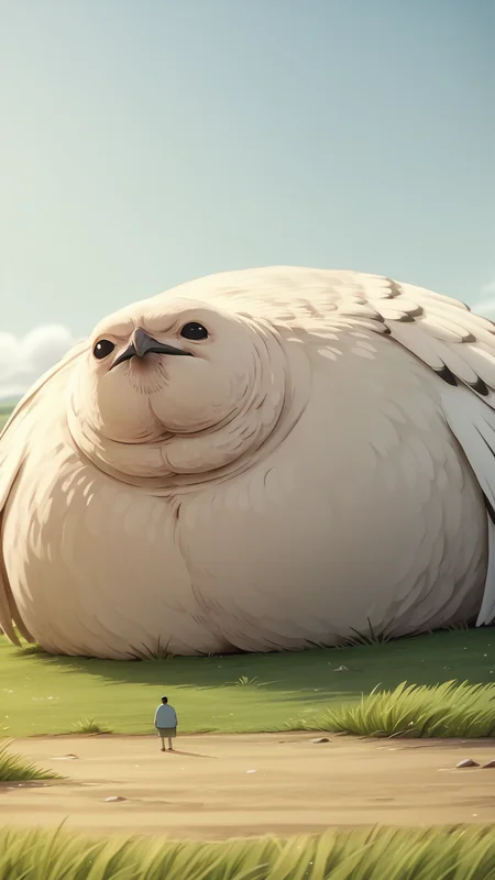 <lora:Round animal:0.7> animal focus, no humans, outdoors, grass, sky, fat sparrow, fat bird, on ground, open wings, score_9, score_8_up, score_7_up, source_anime,