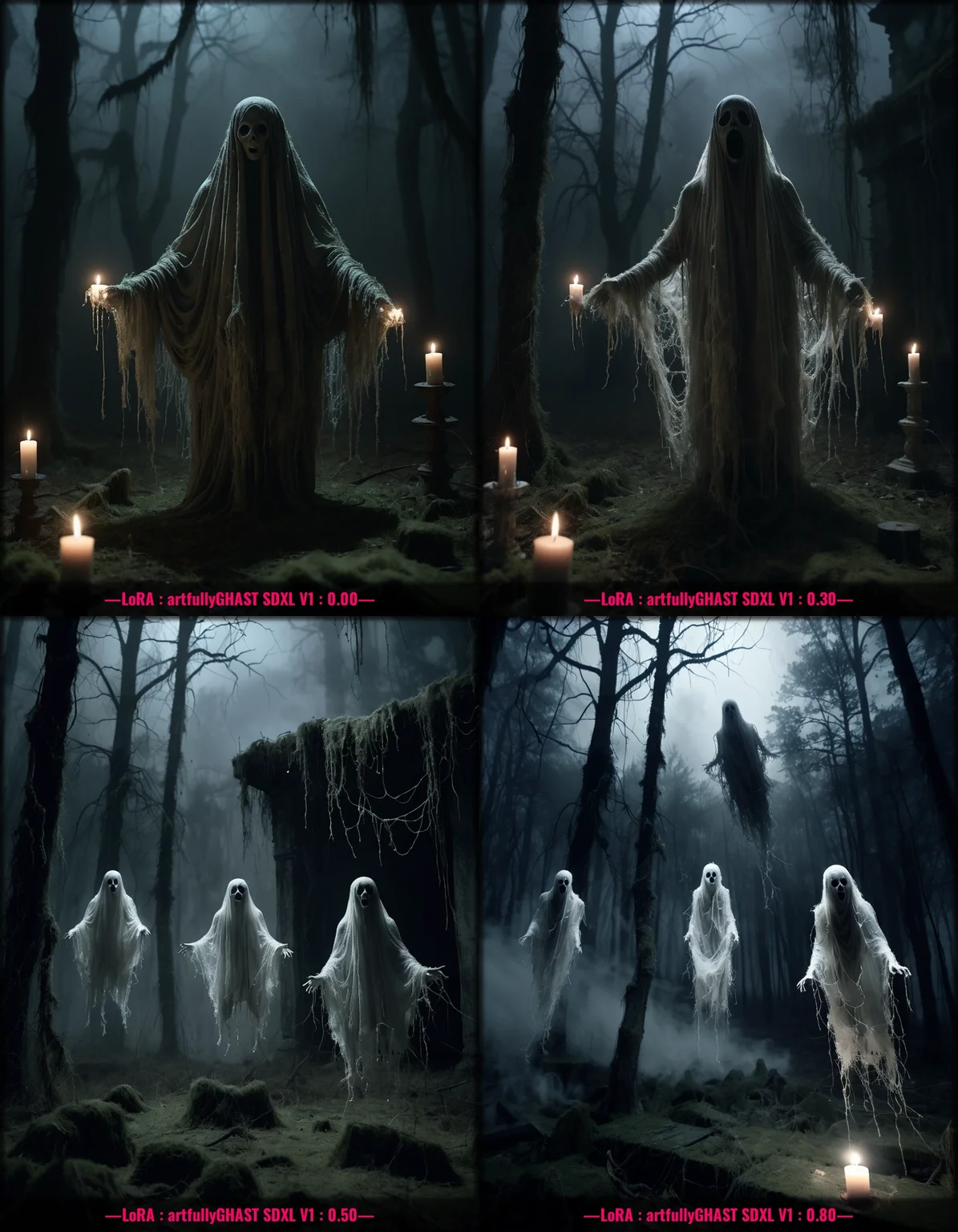 artghst, horror theme, found footage, ghost floating mid air, wraith, poltergeist, outdoor, haunted ruins, jump scare, ethereal, tattered cloth, paranormal activity, cobwebs, moss, spooky, foggy, dark forest, volumetric lighting, tense atmosphere, scary, candles, night, high contrast, highly detailed, 4k<lora:art_style\xl_artfullyGHAST_V1>
