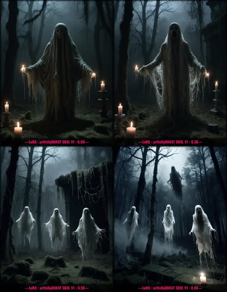 artghst, horror theme, found footage, ghost floating mid air, wraith, poltergeist, outdoor, haunted ruins, jump scare, ethereal, tattered cloth, paranormal activity, cobwebs, moss, spooky, foggy, dark forest, volumetric lighting, tense atmosphere, scary, candles, night, high contrast, highly detailed, 4k<lora:art_style\xl_artfullyGHAST_V1>