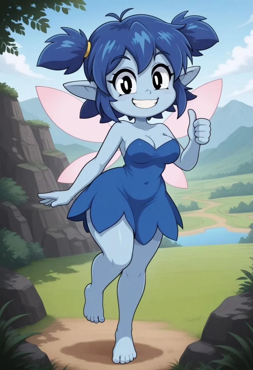 masterpiece,best quality,masterpiece,best quality,amazing quality,good quality, absurdres,rich colors,beautiful eyes,detailed eyes,detailed pupils,perfect face,perfect eyes,daniel renard,solo,1girl,fairy,shortstack,chibe,colored skin,blue skin,blue hair,short hair,short twintails,bangs,pointy ears,black eyes,medium breasts,fairy wings,dress,blue dress,strapless dress,bare shoulders,barefoot,flying,smile,closed mouth,teeth,thumbs up,happy,looking at viewer,full body,day,outdoors