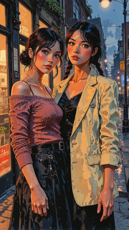 High-resolution anime-style illustration with expressive brushstrokes, bold contrasts, and soft romantic lighting. Two young women stand close together beneath the warm glow of a streetlamp on a quiet city sidewalk at dusk, their fingers lightly intertwined. The auburn-haired woman has her hair styled into a delicate braided bun, her deep brown eyes filled with warmth as she gazes softly at her partner. She wears a fitted, off-shoulder sweater in a muted rose hue, tucked into a flowing high-waisted skirt that sways gently in the evening breeze. The shorter woman, with sleek jet-black hair tied into loose twin braids, leans slightly into her embrace, her emerald-green eyes gleaming with quiet affection. She wears an oversized cream-colored blazer over a simple black slip dress, her free hand resting lightly against her partnerâs waist. The blurred neon lights of cafÃ©s and bookstores reflect in the rain-slicked pavement, their soft hues blending into the misty evening air, creating a dreamy, intimate atmosphere <lora:illustration:0.5> <lora:Vibrantly_Dark_style_v.1:0.7000000000000001> <lora:Vintage_comic_book:0.8>