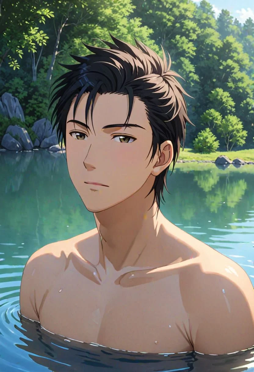 Highres, Masterpiece, High Quality, 4K, Soujiro Agata, 1boy, solo, black hair, shirtless, Swimming, natural lake, Realistic Light, potrait, Candid Photo