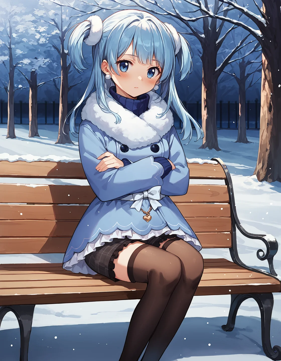 score_9, score_8_up, score_7_up, score_6_up, girl sitting in a winter park, source_anime, 1girl, masterpiece, best quality, cinematic lighting, cowboy shot, mgrcminamirena, blue hair, short twintails, blue eyes, white hairpins, white earrings, blue sweater, white with blue winter coat, white belt with bow, golden amulet on belt, black checkered shorts, black thighhighs, hands crossed, blush, shy, outdoors, park, day, winter, snow, bench, sitting, tree, (side view:0.7), <lora:mgrcminamirena_XL:0.9>