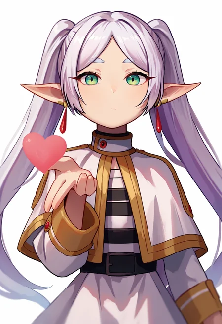 score_9_up score_8_up score_7_up, 1girl, blowing kiss, heart, o3o, :3
BREAK
nereirfpnxl, frieren, 1girl, solo, pointy ears, twintails, very long hair, earrings, holding, jewelry, white background, capelet, elf, dress, simple background, white capelet, long sleeves, white dress, closed mouth, parted bangs, white hair, upper body
<lora:frieren_blowing_a_kiss_pony:1>
<lora:others_frieren_nereirfpnxl_pony_v2:1>