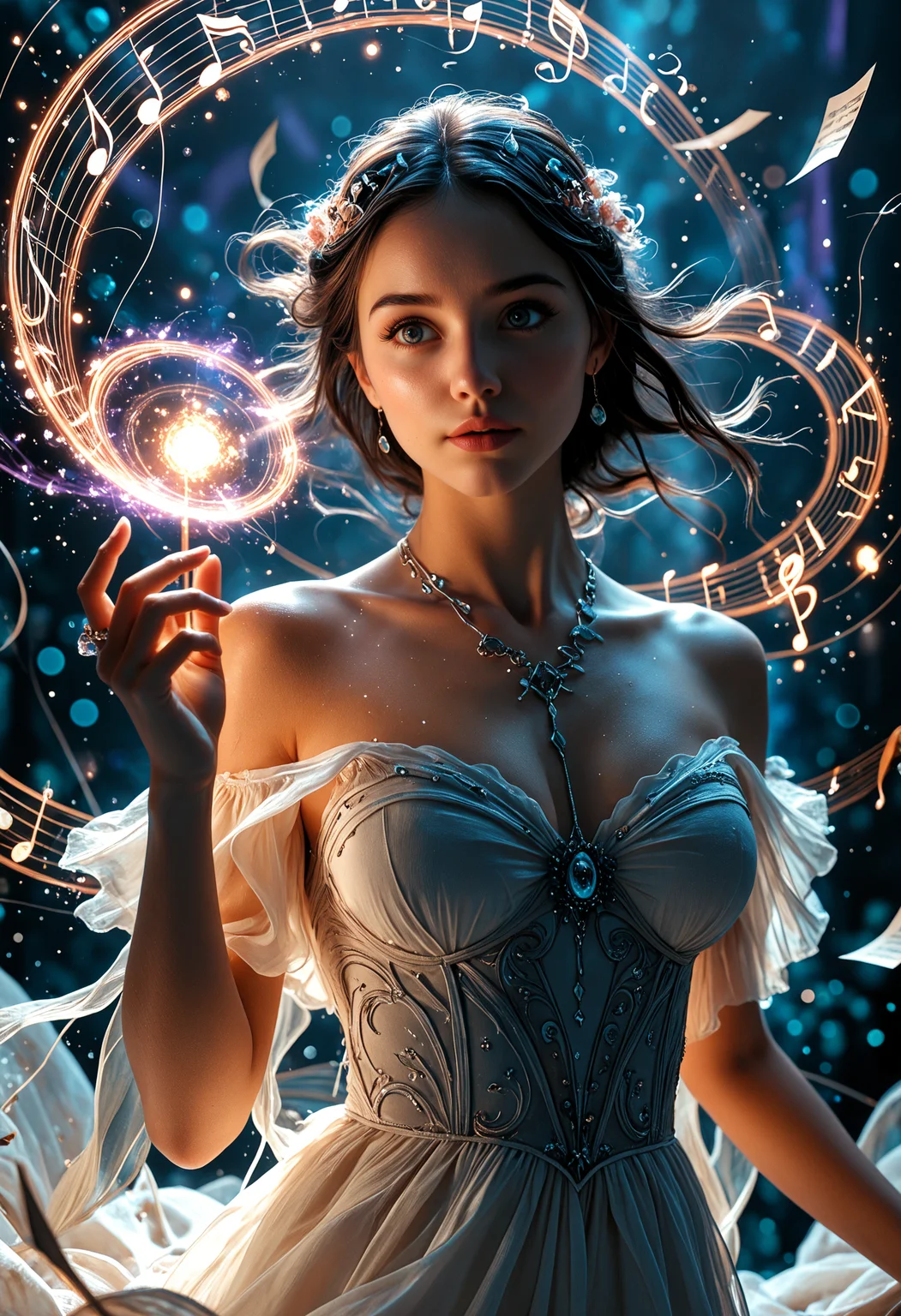 best_quality, absurdres, ultra-detailed, highly_aesthetic, 8K, UHD, highly_detailed_eyes, depth_of_field, subject_focus,
dutch_angle, 1girl, woman, beauty, magical, dynamic motion, magic, cinematic, neckline, music, art, looking at viewer, magic, floating notes