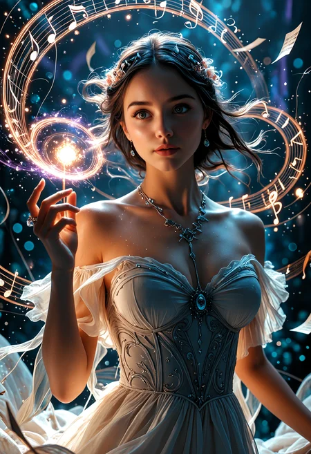 best_quality, absurdres, ultra-detailed, highly_aesthetic, 8K, UHD, highly_detailed_eyes, depth_of_field, subject_focus,
dutch_angle, 1girl, woman, beauty, magical, dynamic motion, magic, cinematic, neckline, music, art, looking at viewer, magic, floating notes