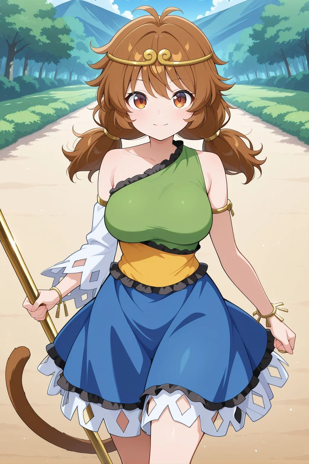 absurdres, highres, masterpiece, best quality, amazing quality, official anime artwork, screencap, anime screencap, outdoors, looking at viewer, light smile, dynamic pose, standing,
 <lora:Son-Biten_Illustrious:1> son biten, 1girl, solo, brown eyes, brown hair, long hair, low twintails, antenna, monkey tail, large breasts,, gold circlet, jewelry, green dress, sleeveless dress, single-shoulder dress, single detached sleeve, bracelet, yellow dress, blue skirt, holding, ruyi jingu bang,