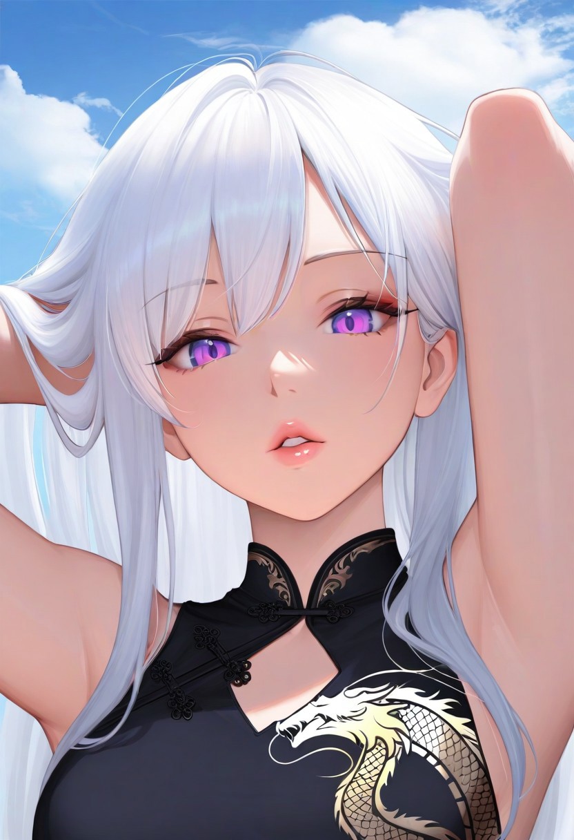 1girl,, sky, white hair, long hair, masterpiece, purple eyes, noble, parted lips, soft lips, luscious lips, glossy lips, looking at viewer, black dress, dragon print, outdoors, arms behind head, adjusting hair, cloud, volumetric lighting, blue sky, portrait, upper body,