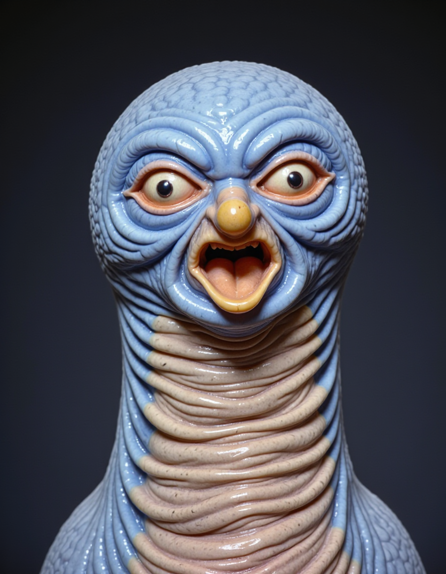 a weird old color photo where A dumb plastic blue owl has a wrinkled quadruple length neck and a literal inverted vertical split mushroom face with a gaping sucker mouth, sheathed under a thin foreskin hood, in a post-singularity aesthetic study.