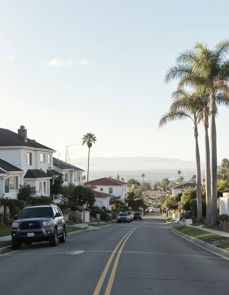 2014 photo of a Los angeles suburban neighborhood, houses, street, parked SUV, day time, palm trees,