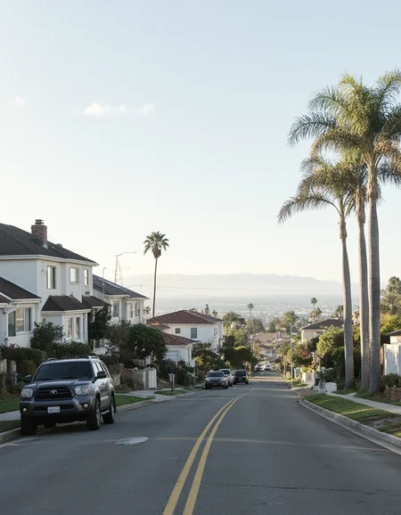 2014 photo of a Los angeles suburban neighborhood, houses, street, parked SUV, day time, palm trees,