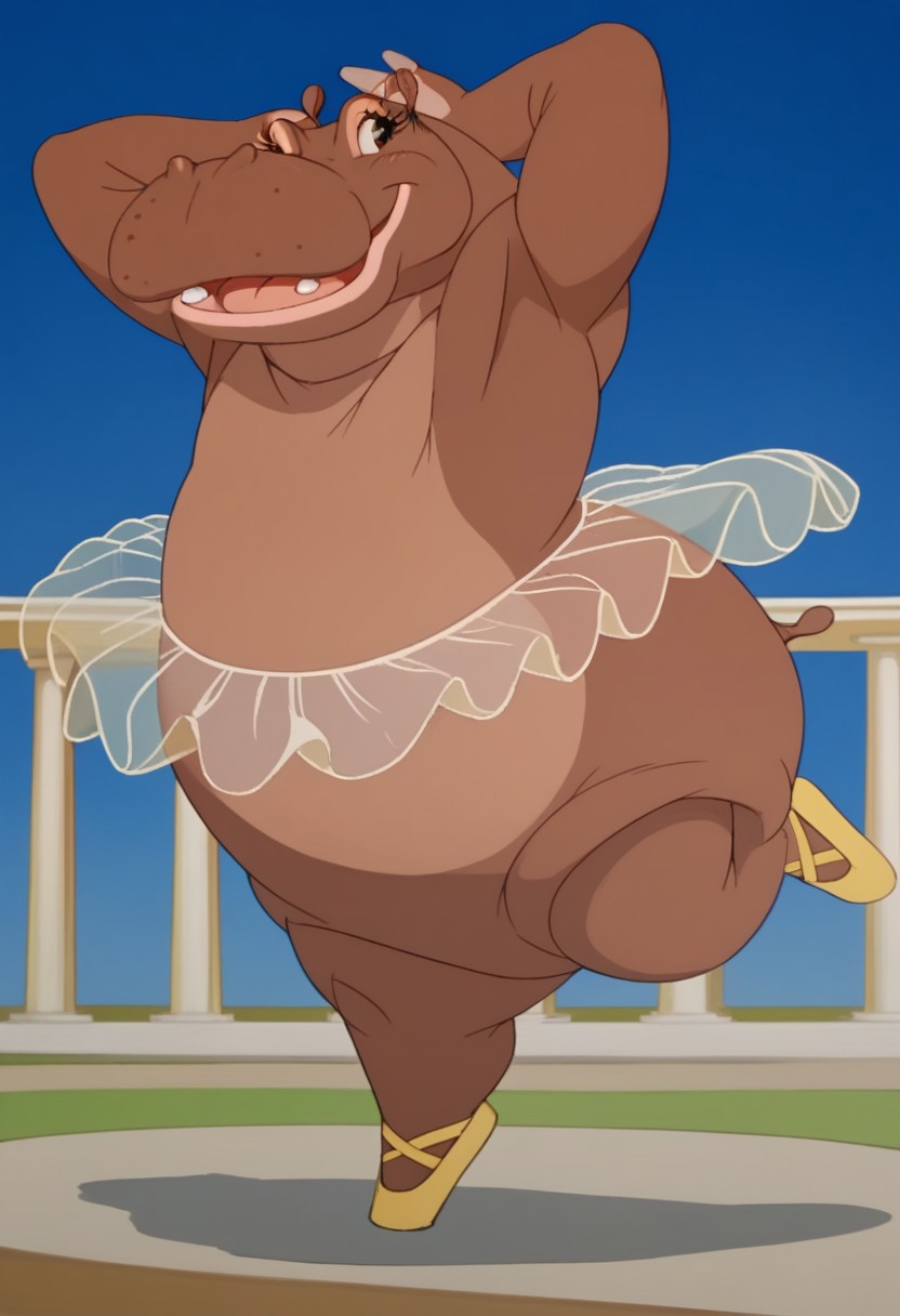 score_9, score_8_up, score_7_up, BREAK, furry female, full body, indoors, hippopotamus, sideways, standing, open mouth, sketch, fangs, blue background, yellow ballet slippers, dancing, transparent tutu, open eyes, seductive looks, curvy body,