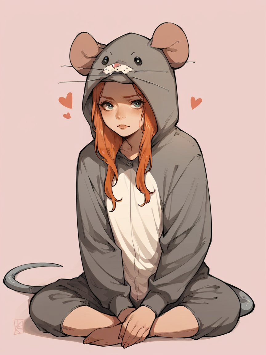 score_9, score_8_up, score_7_up, score_6_up, score_5_up,  <lora:ratonsieXLP3:1> rat onsie, barefoot, animal costume, tail, 1girl, ginger hair, sitting, heart, pink background,