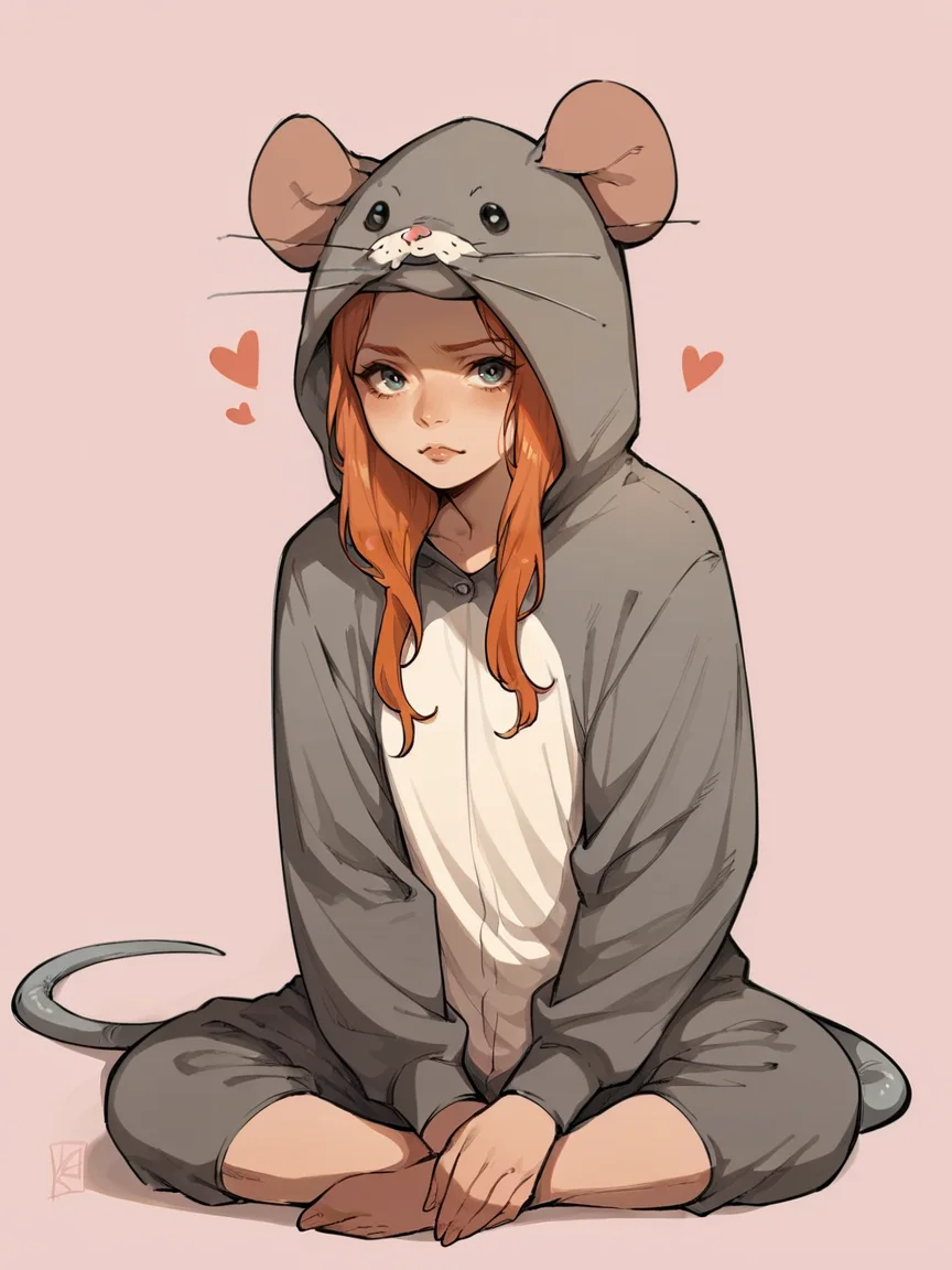 score_9, score_8_up, score_7_up, score_6_up, score_5_up, <lora:ratonsieXLP3:1> rat onsie, barefoot, animal costume, tail, 1girl, ginger hair, sitting, heart, pink background,