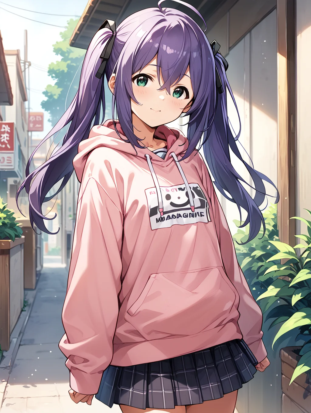 score_9,score_8_up,score_7_up,
official art,official style,game cg,megami magazine,
uncensored,
1girl,solo,
mochizuki anna,purple hair,green eyes,ahoge,long hair, twintails,
pink hoodie,skirt,hoodie,skirt,
<lora:idolmaster_mochizuki_anna_pony_v1.1-000006:1>,