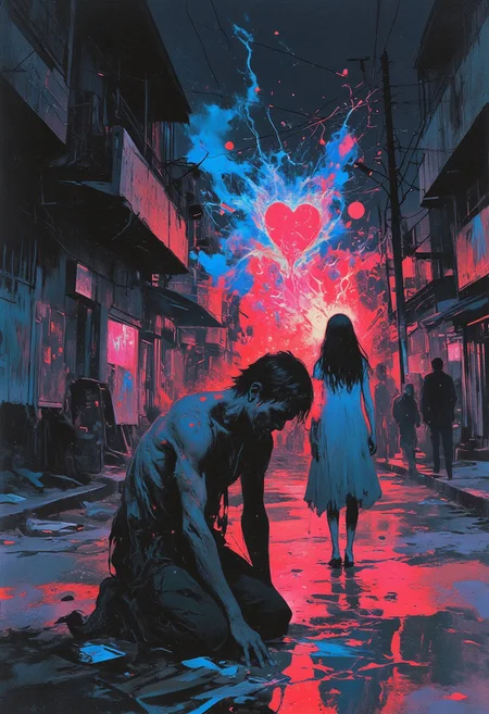 apoca1 illustration. 
2 people.
A man with a broken heart is on his knees, hands on the floor. The man is desperate and ready to cry. The figure of a distant woman from the back. She is wearing a blue dress. Her hair is developing. Vibrant hues of red and blue shimmer with stars and galaxies. Symbolism of lost love, longing, despair and loneliness. pink_glow. The background features dim city side street. evoking a sense of despair and loneliness.
