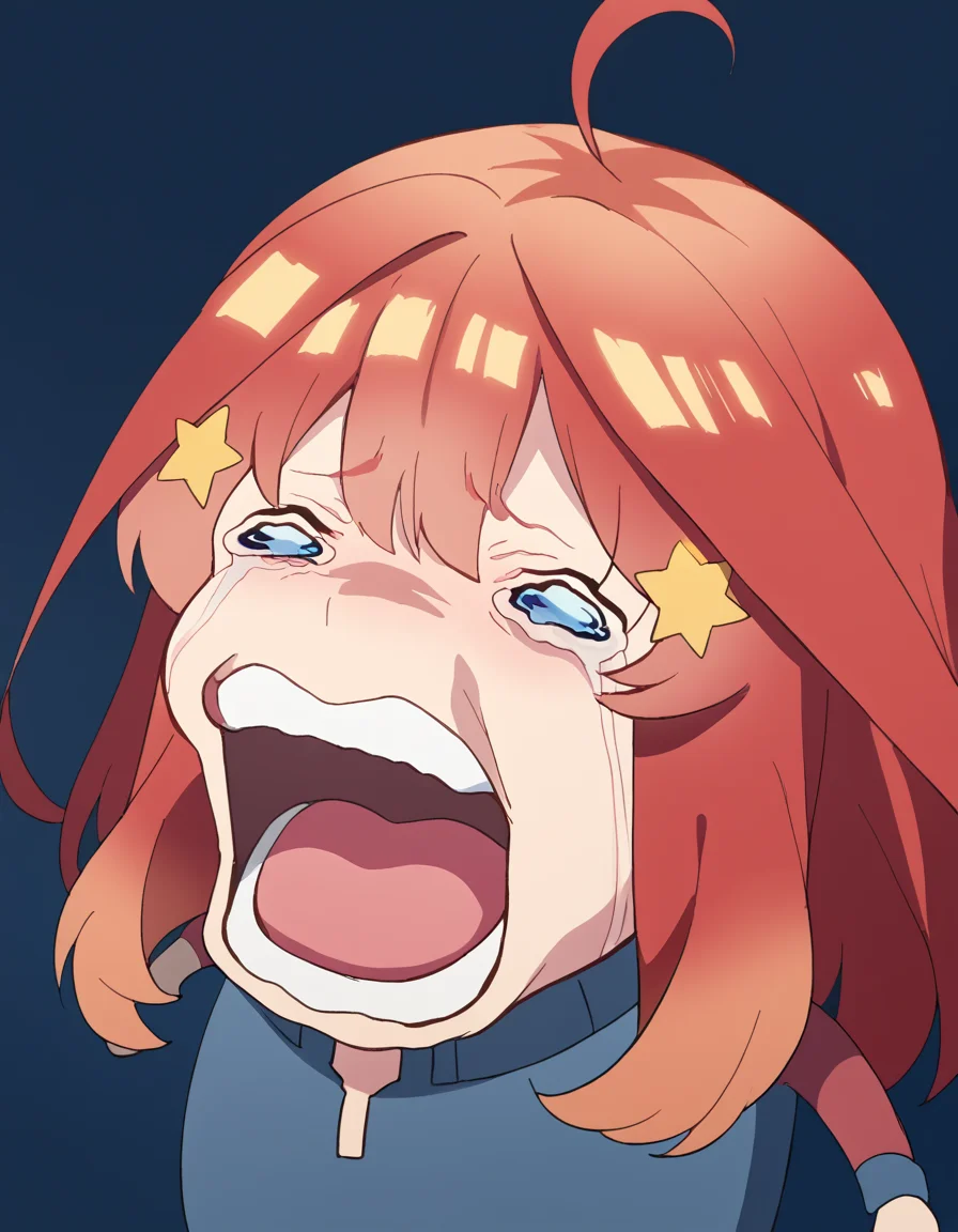 score_9, score_8_up, score_7_up, source_anime, <lora:itsuki-nakano-s2-ponyxl-lora-nochekaiser:1>, itsuki nakano, bangs, blue eyes, hair between eyes, ahoge, red hair, star (symbol), hair ornament, star hair ornament, mature female, large breasts, <lora:chopper-crying-ponyxl-lora-nochekaiser:1> chopper crying, chopper crying (meme), meme, wavy eyes, crying, tears, teeth, open mouth, tongue,, ,