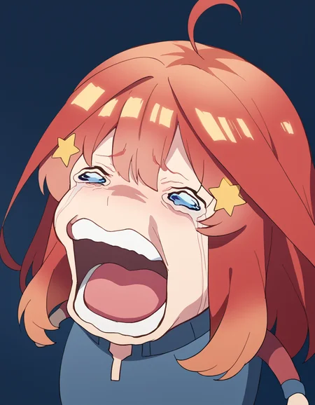 score_9, score_8_up, score_7_up, source_anime, <lora:itsuki-nakano-s2-ponyxl-lora-nochekaiser:1>, itsuki nakano, bangs, blue eyes, hair between eyes, ahoge, red hair, star (symbol), hair ornament, star hair ornament, mature female, large breasts, <lora:chopper-crying-ponyxl-lora-nochekaiser:1> chopper crying, chopper crying (meme), meme, wavy eyes, crying, tears, teeth, open mouth, tongue,, ,