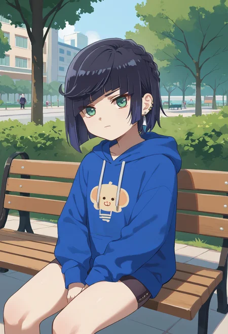 score_9,score_8_up,score_7_up, <lora:xinzoruo_style_pdxl_goofy:1>1girl, yelan \(genshin impact\), alternate costume, bench, black hair, chibi, contemporary, diagonal bangs, green eyes, hood, hoodie, medium hair, outdoors, park, park bench, unamused
