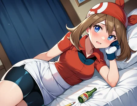 score_9, score_8_up, score_7_up, source_anime,
pokemonmay, <lora:pokemon-may-ponyxl-lora-nochekaiser:1>
pokemonmay, blue eyes, brown hair, bandana, long hair, red bandana, twintails, hair between eyes,
bike shorts, collared shirt, gloves, microskirt, multicolored shirt, pencil skirt, red shirt, shirt, short sleeves, skirt, white skirt,
indoors, bed, bed room, on side, blush, drunk,
looking at viewer, cowboy shot, dutch angle,