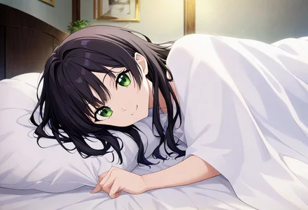 highres,anime screencap, anime coloring,official art,
highly detailed,
1female, t1ff4ny, in bed, undersheets, smiling, looking at veiwer, pov across bed, very awa, masterpiece,best quality,intricate details, very aesthetic, absurdres, no humans,