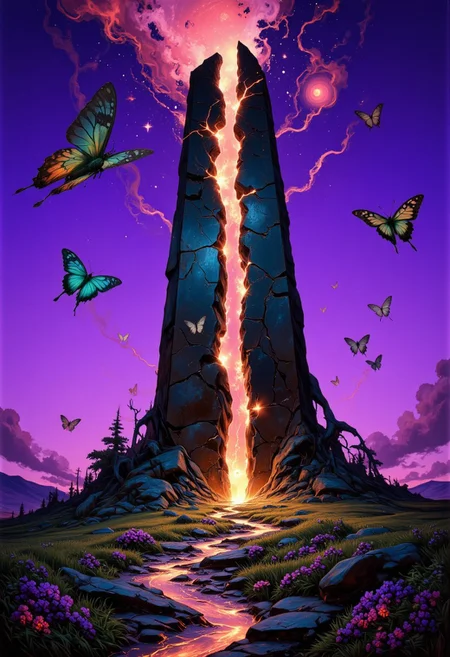 Medium shot with exaggerated depth, slight fisheye distortion.
R3alisticF,
A colossal monolith stands in the center of a vast, luminescent field, its obsidian-black surface cracked open, revealing pulsating veins of golden light. From within, enormous translucent moths emerge, their wings resembling delicate stained glass with shifting patterns of deep indigos and glowing pinks. The air vibrates softly as they ascend into the violet sky, leaving behind trails of shimmering dust that dissolve into spirals of cascading neon particles. The ground itself breathes, pulsating with waves of bioluminescent flora, their tendrils curling and shifting as if reacting to unseen rhythms. The monolith hums with an ancient, sorrowful melody, resonating through the glowing landscape like the heartbeat of something long forgotten.