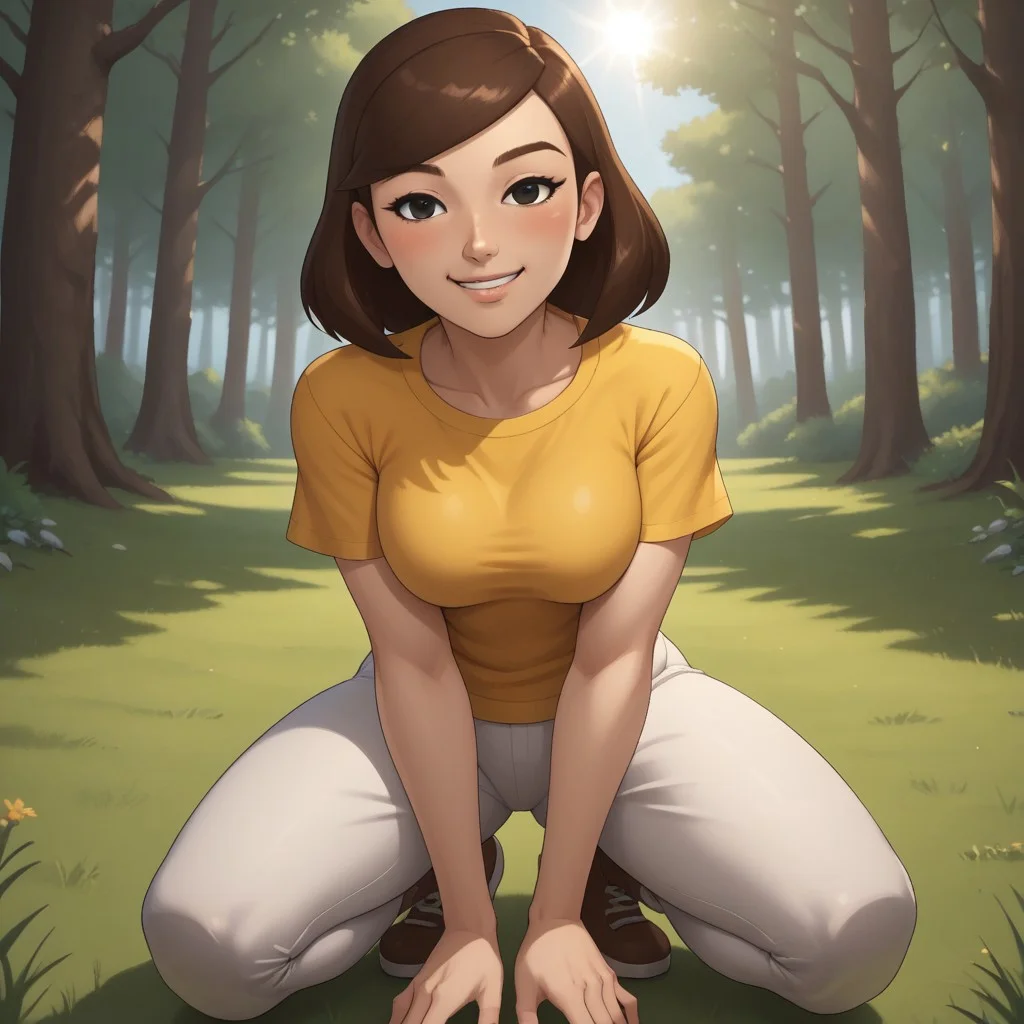 score_9, score_8, BREAK, solo, wii, mii, wii sports, 1girl, female mii, black eyes, brown hair, brown eyebrows, blush, yellow clothing, white pants, shoes, nintendo mii, modern_mii, classic_mii, breasts, Mizuho_(Wii_Sports), cute, sexy pose, smile, outdoors, sunlight, shadows, evening lighting, natural lighting, forest, trees, grass, orange sky, sunset
