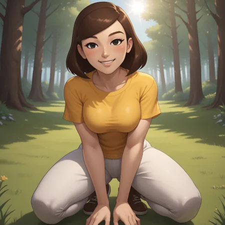 score_9, score_8, BREAK, solo, wii, mii, wii sports, 1girl, female mii, black eyes, brown hair, brown eyebrows, blush, yellow clothing, white pants, shoes, nintendo mii, modern_mii, classic_mii, breasts, Mizuho_(Wii_Sports), cute, sexy pose, smile, outdoors, sunlight, shadows, evening lighting, natural lighting, forest, trees, grass, orange sky, sunset