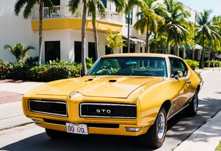 ClassicMuscleCar gleaming yellow Pontiac GTO, side front view, sunny Miami avenue, palm trees, 4K, highly detailed, (stylish grainy analog 35mm film photo)