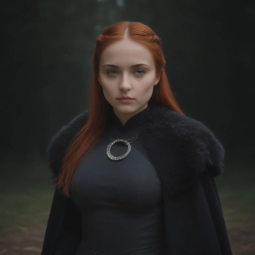 masterpiece, best quality, SansaStark, 1girl, solo, long hair, red hair, (blue eyes), beauty, grey dress, fur trim, cape, upper body, <lora:SansaStark_illustrious_Leaf2:1>, forest, outdoors, round breasts, breasts together, medium breasts,