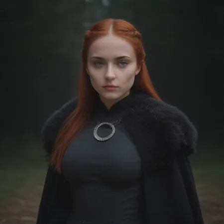 masterpiece, best quality, SansaStark, 1girl, solo, long hair, red hair, (blue eyes), beauty, grey dress, fur trim, cape, upper body, <lora:SansaStark_illustrious_Leaf2:1>, forest, outdoors, round breasts, breasts together, medium breasts,