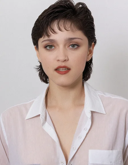 Madonna a young woman with short hair wearing a white shirt against a white background.