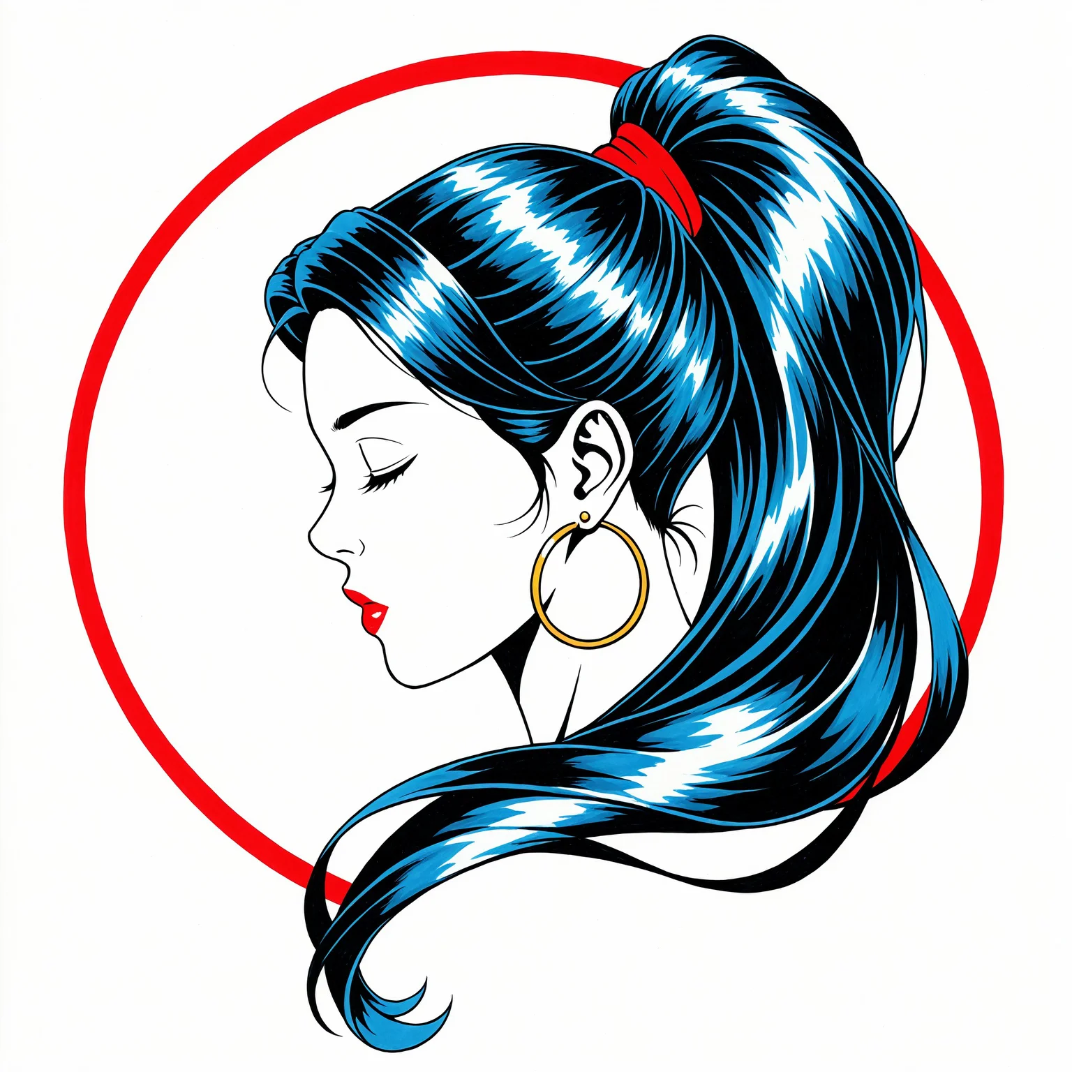 Tucci Style, 1girl, solo, jewelry, earrings, ponytail, closed eyes, profile, long hair, hoop earrings, traditional media, white background, spot color, portrait, from side, simple background, comic art style, very aesthetic, newest, best quality, masterpiece, <lora:74e36c90-7209-48c3-86d2-75d98e7e5702:0.7>