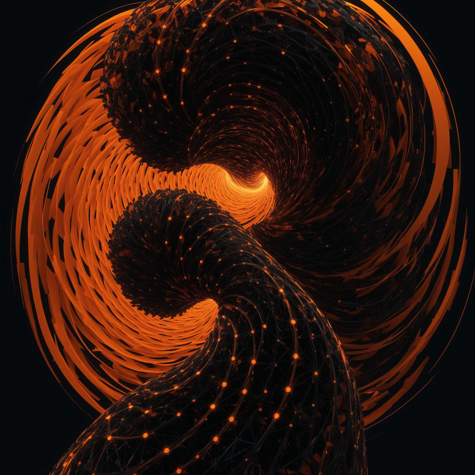 Inspired by the avant-garde styles of Kurt Roesch, this digital portrait reimagines a woman's countenance as a gateway to a parallel universe, where colors and forms converge in a mesmerizing ballet of energy, In a digital tapestry of orange and black hues, a human form is transfigured into a cosmic arena, where the forces of order and chaos, light and darkness, engage in an eternal struggle for dominance, echoing the pioneering works of Mike Winkelmann, This digital artwork presents a portrait as a canvas for unbridled artistic expression, fragmenting and reassembling features in a dizzying array of geometric shapes and luminous fractals, defying the conventions of traditional representation, A riot of orange and black hues swirls across the digital canvas, forming an intricate, fractal pattern that seems to pulse with an almost tangible sense of energy, as if the pixels themselves were alive and writhing with uncontainable vitality