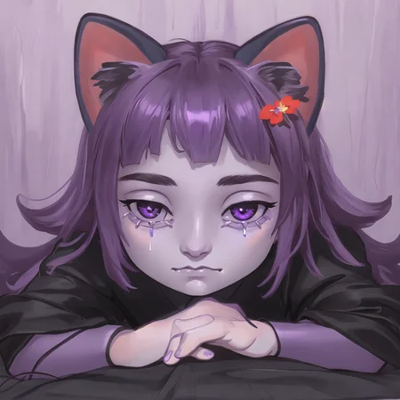 realistic photo of a masunya, cat ears,, (purple skin color:1.2), alkemanubis, (crying:1.1), by Jeremy Lipking, by William Bouguereau, (by Alphonse Mucha:0.5), sabudenego, jeremy lipking, masterpiece,