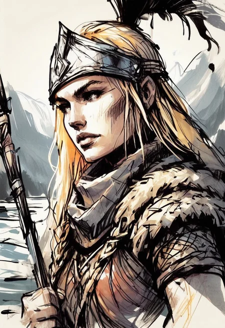 inksketch,
a young woman wearing a norse helmet holding a spear and shield, battlefield, river, blonde, braids, extreme close up, portrait,