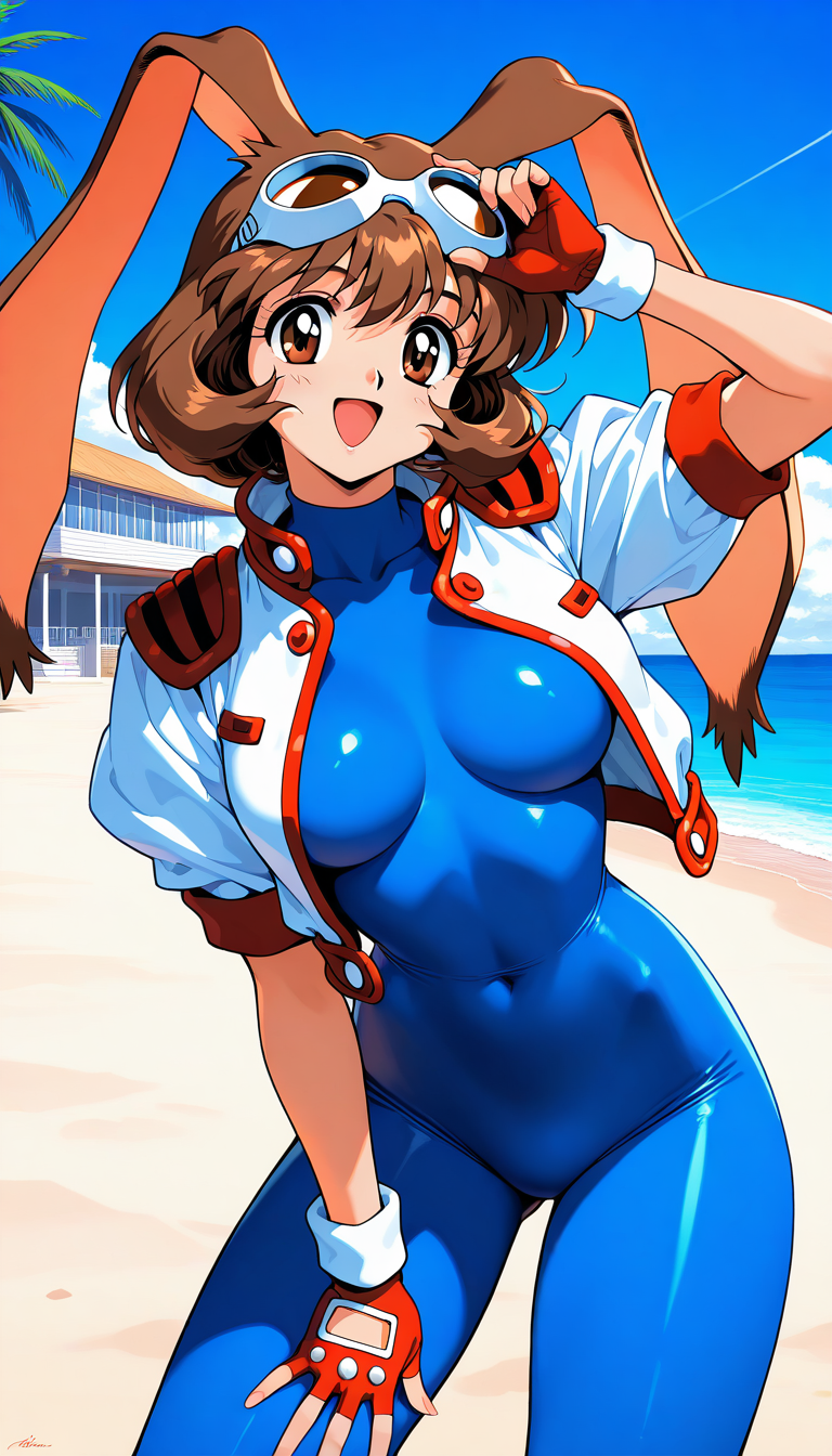 masterpiece, best quality, good quality, <lora:Makihara_Arina_IS:1>Makihara_Arina, brown hair, animal ears, goggles on head, rabbit ears, brown eyes, 1990s (style),  medium breasts,
 1girl, solo, gloves, fingerless gloves, cropped jacket, blue bodysuit, bodysuit, open mouth,
 smile, red gloves, jacket, looking at viewer, short sleeves, covered navel, cowboy shot, black eyes, :d, open clothes, skin tight,
blue sky, beach, building,