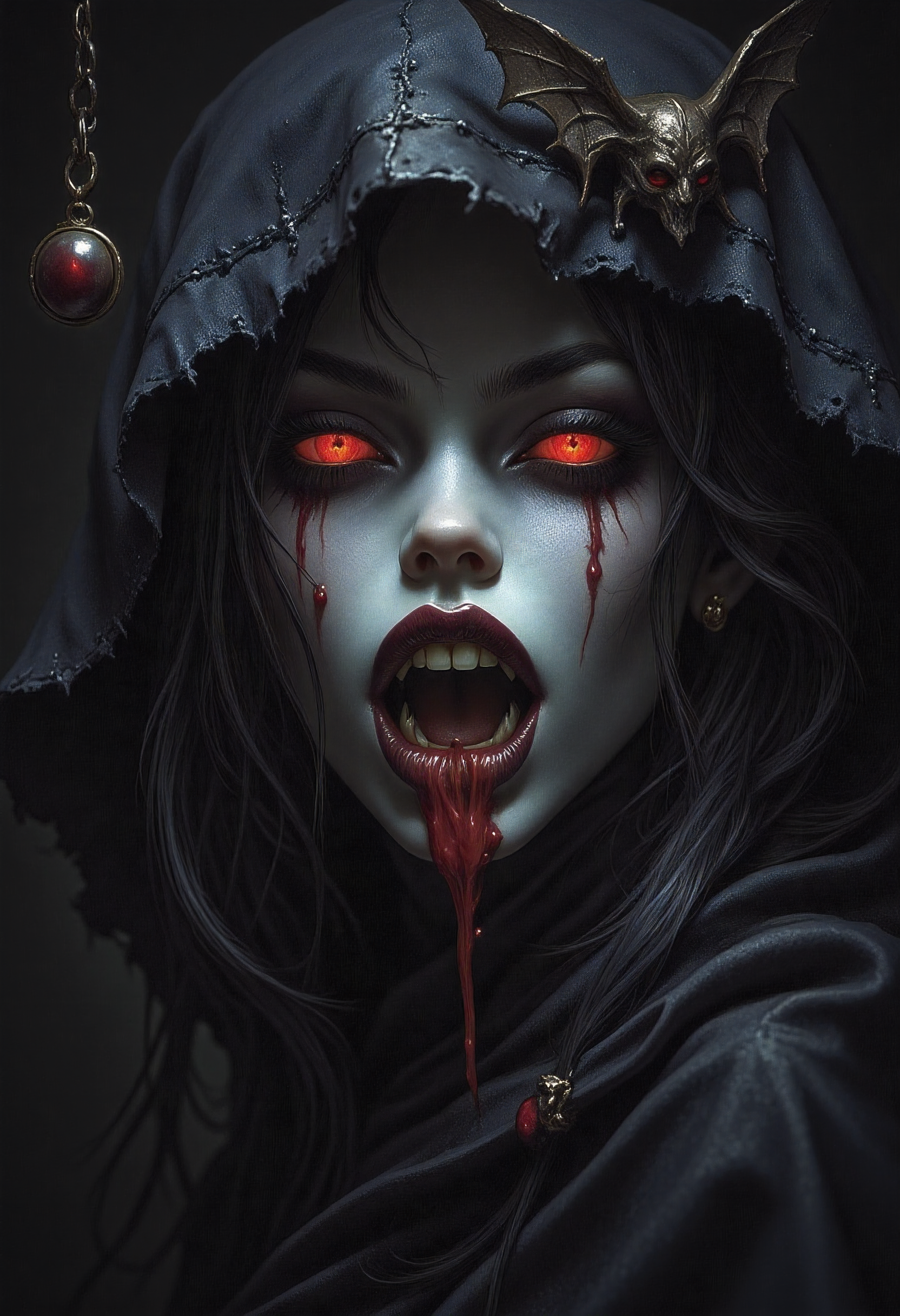 masterpiece, realistic scenery, ultra high quality, a gorgeous 23yo vampire woman cleans her vampire teeths after a long night, completely covered from the neck down, a vampire bat hangs upside down on a wall, dawn, extreme close-up, (SFW:1.2), dark fantasy, eerie, horror, ArsMJStyle, dnddarkestfantasy, <lora:Flux Darkfantasy_epoch_1>, <lora:DnDDarkestFantasy>