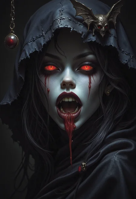 masterpiece, realistic scenery, ultra high quality, a gorgeous 23yo vampire woman cleans her vampire teeths after a long night, completely covered from the neck down, a vampire bat hangs upside down on a wall, dawn, extreme close-up, (SFW:1.2), dark fantasy, eerie, horror, ArsMJStyle, dnddarkestfantasy, <lora:Flux Darkfantasy_epoch_1>, <lora:DnDDarkestFantasy>
