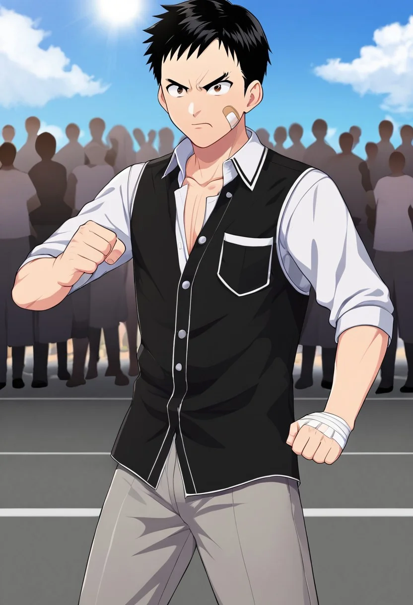 harmard, black hair, short hair, brown eyes, 1boy, solo, solo focus, wear white shirt, unbuttoned shirt, chest pocket, black t-shirt, grey pants, plaster on cheek, bandage on hands, outdoor, fight pose, furious expression, BREAK crowd, (faceless woman:1.40),