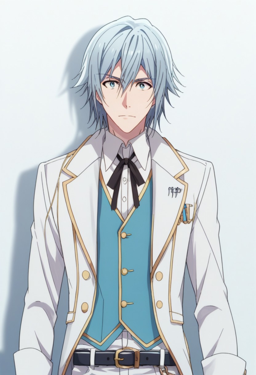 score_9, score_8_up, score_7_up, source_anime, highly detailed, 
tamaki, 1boy, male focus, gloves, solo, white gloves, blue hair, white pants, belt, light blue hair, blue eyes, pants,
grey eyes, looking at viewer, vest, neck ribbon, upper body
indoor,