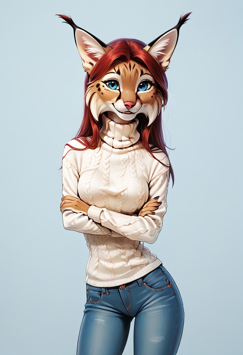 digital_media_(artwork) hi_res, score_9, score_8_up, score_7_up, score_6_up, source_furry, rating_safe, anthro, furry, female, furry female, detailed textured fur, fur tufts, lynx, red hair, blonde brown fur, spots, beautiful blue eyes, medium breasts, covered breasts, slim, slender, turtleneck sweater, denim jeans, smile, SFW,