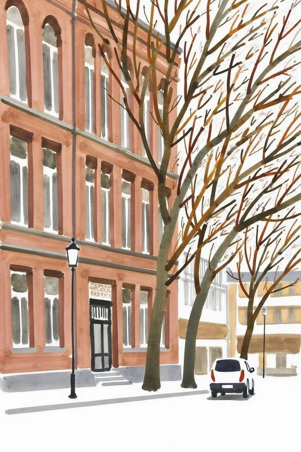 watercolor illustration.
An urban scene. The artwork features a multi-story, red-brick building with a series of tall, narrow windows. There are trees in front. and a small car parked beside sidewalk. <lora:minink1_cap_d6a3e12:1.0><lora:825118674462482242:0>