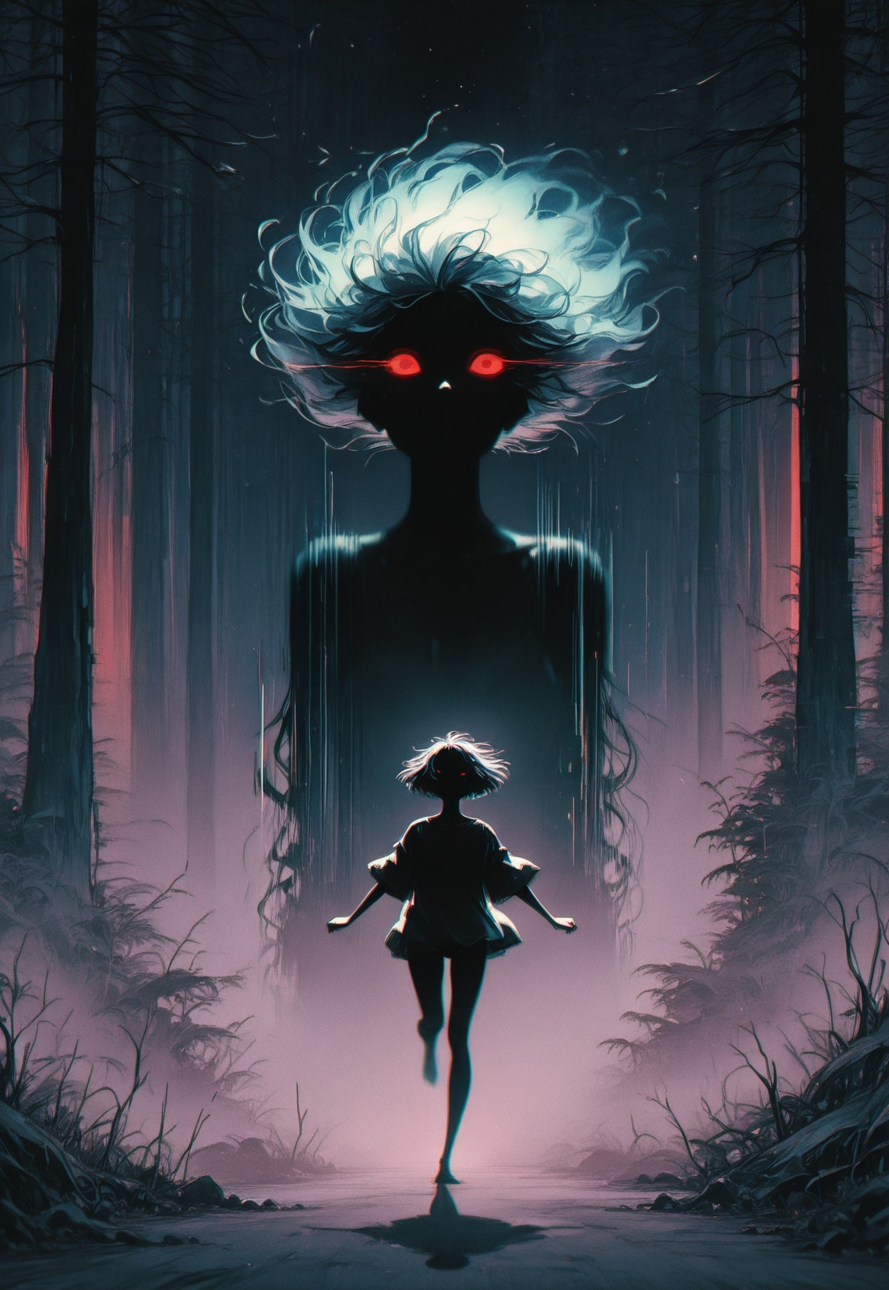 masterpiece, best quality, amazing quality, very aesthetic, absurdres, newest, OTZZK, Studio Ghibli Dark Fairytale, glitch, gllitch art, detailed glitch,
BREAK,
1girl, black bangs, short hair, ground fog, (motion blur:1.5), micro skirt, oversized shirt, running, shadow monster, face focus, floating hair, shadow tendrils, glowing red eyes, running, springing, 
BREAK, night, soft moonlight, outdoors, forest, haunted forest, rolling fog, mysterious, spooky, eerie, dramatic shadows, red and black background theme, dramatic lighting, detailed background, deep contrast, limited color palette, high contrast black, dramatic composition, 