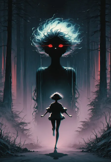 masterpiece, best quality, amazing quality, very aesthetic, absurdres, newest, OTZZK, Studio Ghibli Dark Fairytale, glitch, gllitch art, detailed glitch,
BREAK,
1girl, black bangs, short hair, ground fog, (motion blur:1.5), micro skirt, oversized shirt, running, shadow monster, face focus, floating hair, shadow tendrils, glowing red eyes, running, springing,
BREAK, night, soft moonlight, outdoors, forest, haunted forest, rolling fog, mysterious, spooky, eerie, dramatic shadows, red and black background theme, dramatic lighting, detailed background, deep contrast, limited color palette, high contrast black, dramatic composition,